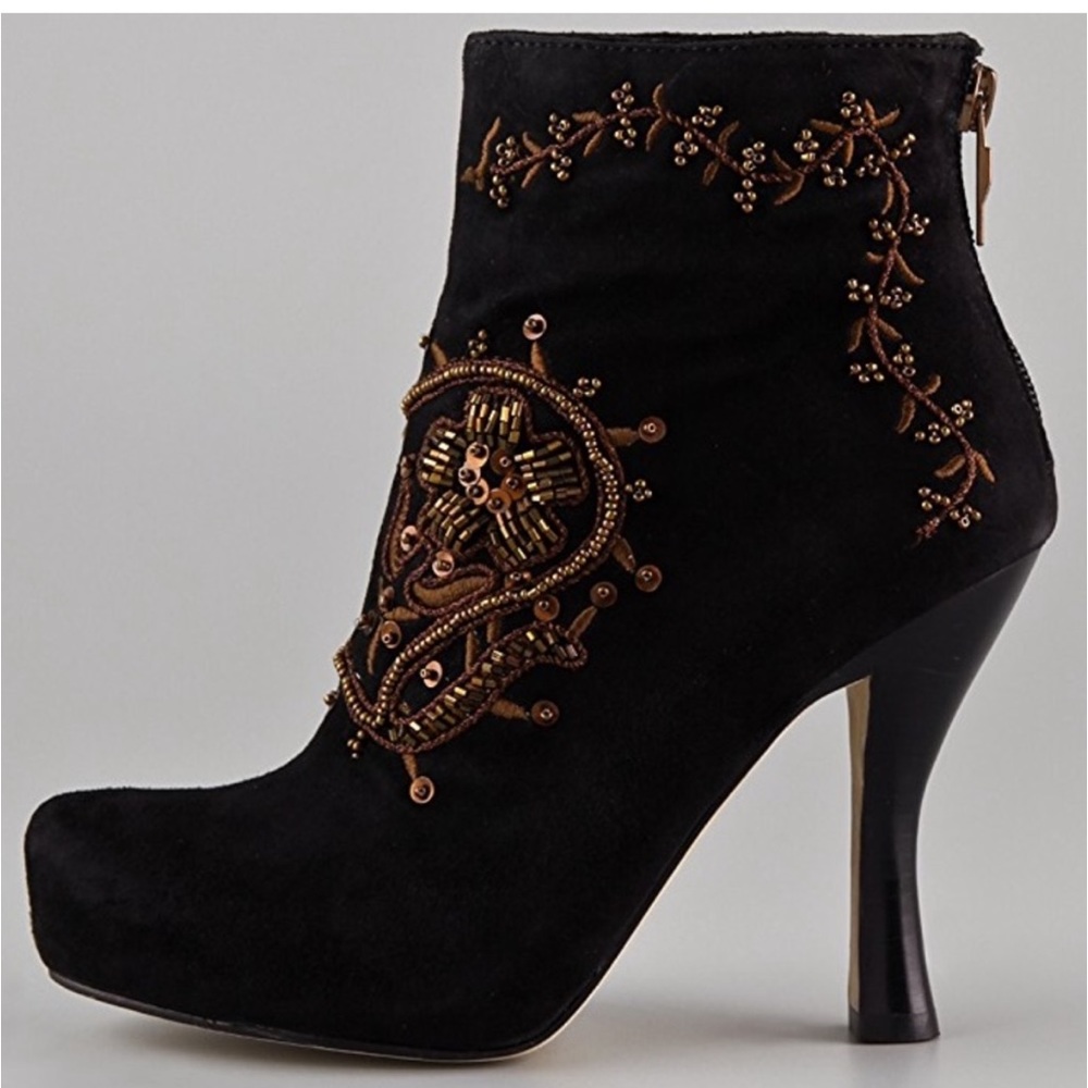 Embellished Black Suede Ankle Boot with Bronze Beading